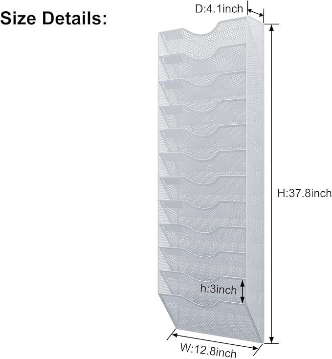 12 Pockets Hanging Wall File Organizer, Office Organization Wall Mount Mail Sorter Paper Holder Bill Organizer for Home, White