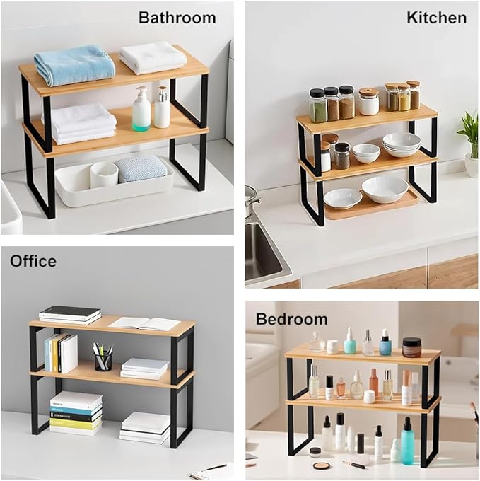 Kitchen Cabinet Organizer Shelf, Set of 2 Stackable Counter Shelves, Small Wood Cabinet Riser Shelf for Pantry Cupboard Spice Dish Mug Cup, Expandable, Metal Engineered Wood (Beige & Black, 15.6''W)