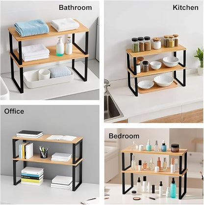 Kitchen Cabinet Organizer Shelf, Set of 2 Stackable Counter Shelves, Small Wood Cabinet Riser Shelf for Pantry Cupboard Spice Dish Mug Cup, Expandable, Metal Engineered Wood (Beige & Black, 15.6''W)