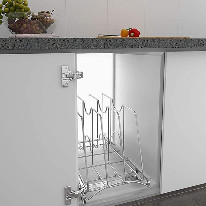 STORKING Pull Out Cookie Sheet Organizer for Cabinet, Pan and Pot Rack, Cutting Board Organizer Rack, Baking Tray Organizer for Cabinet, Adjustable Divider Width, 11" W x 22" D x 11.8" H, Chrome