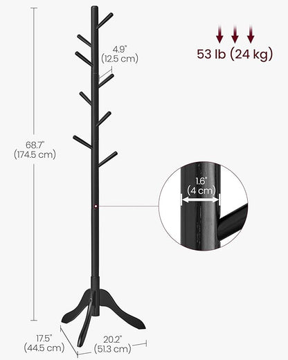 VASAGLE Solid Wood Coat Rack, Free Standing Tree-Shaped Coat Rack with 8 Hooks, 3 Height Options, for Clothes, Hats, Bags, Living Room, Bedroom, Home Office, Ink Black URCR001B01