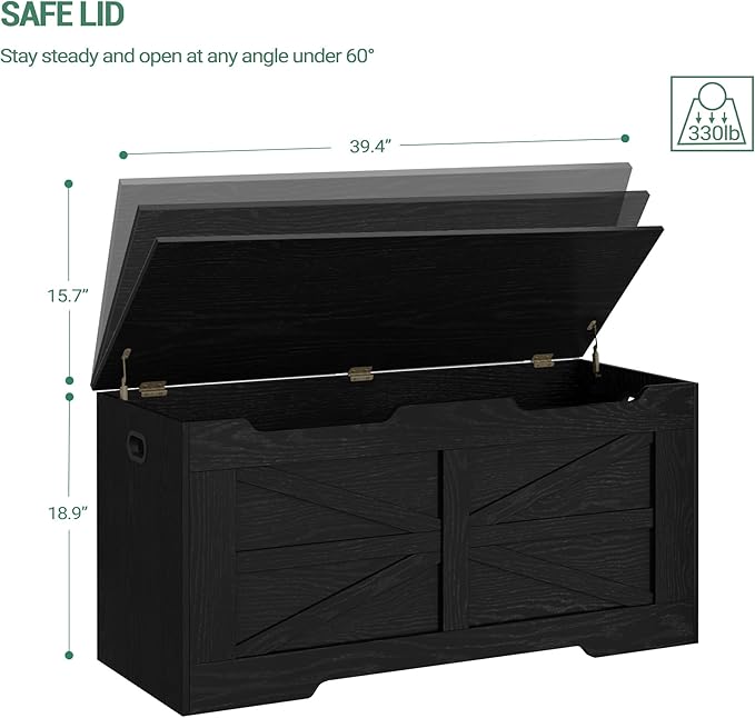 39.4" Storage Chest, Extra Large Storage Trunk with 2 Hinges, Wooden Box Bench, Lift-Top Organizer Chest, Shoe Bench for Entryway, Bedroom, Living Room, Black SB03404X