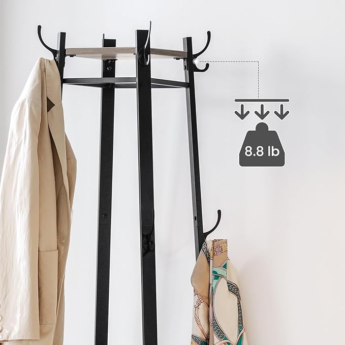 VASAGLE Coat Rack, Coat Stand with 3 Shelves, Hall Tree Free Standing with Hooks for Scarves, Bags, Umbrellas, Steel Frame, Industrial Style, for Entryway, Living Room, Greige and Black ULCR080B02