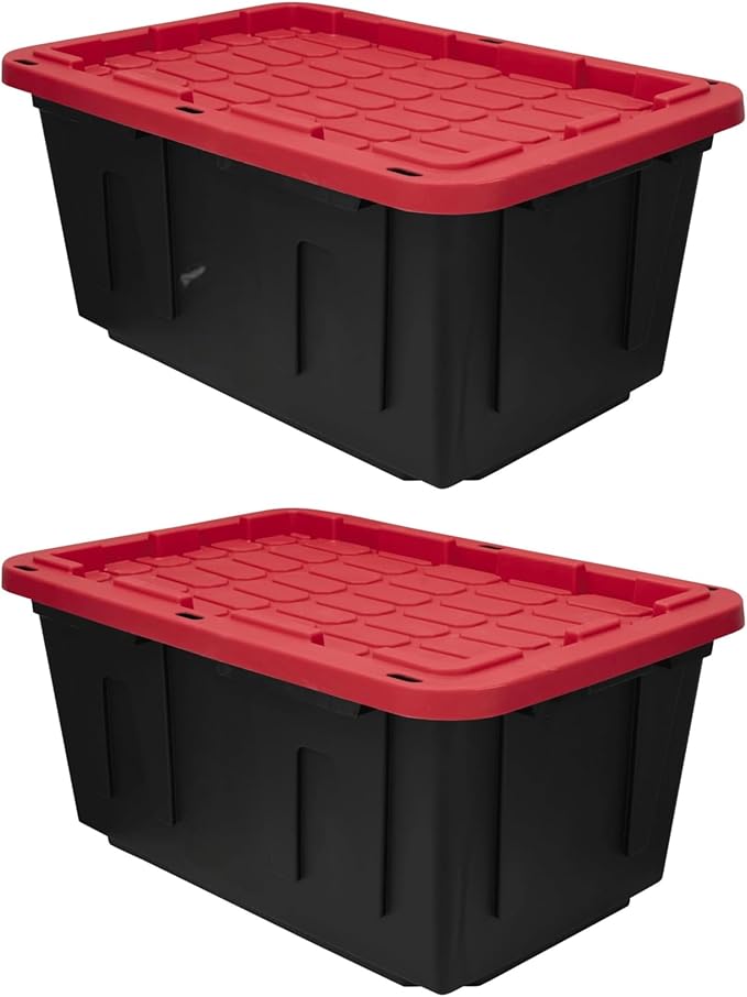 2-Pack Large Industrial Storage Bins – 27 Gallon Heavy-Duty Plastic Containers with Secure Snap-On Lids, Stackable Design, Black & Red for Garage, Basement & Warehouse Organization