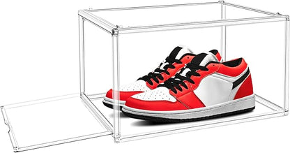 EDS FAM 1 Pack Drop Front Acrylic Shoe Boxes with Magnetic Door Size 12, Clear Stackable Shoe Organizers Sneaker Display Cases for Closet, Entryway, Underbed, Multiple Display Cases for Caps, Figures