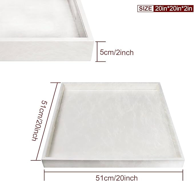 20 * 20 inches Leather Square Serving Tray with Hole Handles,High-End Light Large Service Tray for Ottoman Tray, Tea, Food, Butler - Countertop, Kitchen,Family Dinner, Picnic (White)