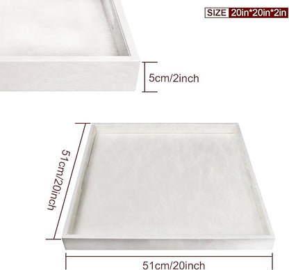 20 * 20 inches Leather Square Serving Tray with Hole Handles,High-End Light Large Service Tray for Ottoman Tray, Tea, Food, Butler - Countertop, Kitchen,Family Dinner, Picnic (White)