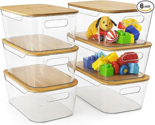 6 Pack Clear Storage Bins with Bamboo Lids, Stackable Organization and Storage Containers with Handle for Pantry, Cabinet, Closet, Fridge, Bathroom, Organizer Bins for Home & Kitchen