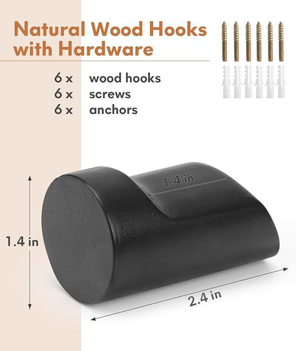 Wood Wall Hooks for Hanging, 6 Pack Hat Hook for Walls, Coat Hook Wall Mount, Backpack Hooks for Walls, Bathroom Towel Hanger (Black)