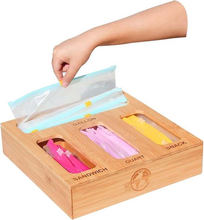 Earth’s Dreams Bamboo Kitchen Drawer Organizer – Resealable Food Storage Bag Holder for Gallon, Quart, Sandwich & Snack Sizes – Eco-Friendly Baggie Organizer for Plastic Storage Bags