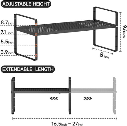 jkxoo Expandable Cabinet Shelf Organizers, Stackable Metal Shelves Extender for Kitchen Countertop Storage, Adjustable Spices Shelves Rack Stand for Cupboard Pantry, Black