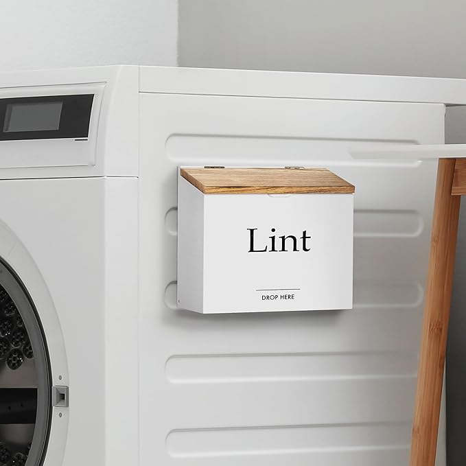 Magnetic Lint Bin for Laundry Room - Compact Size, Wooden Dryer Lint Bin with Lid - Rustic Lint Box, Magnetic Bin - Modern Farmhouse Laundry Room Decor, White with Torched Lid