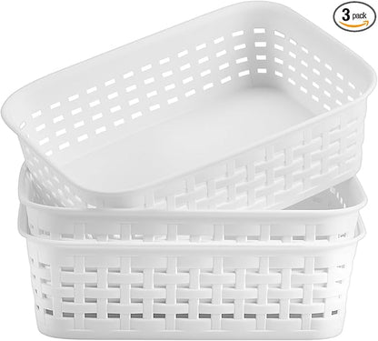 3 Pack Plastic Storage Baskets for Cabinets,Small Plastic Basket,Organizer Bins Storage Baskets for Shelves,Room,Pantries,Countertops(White)