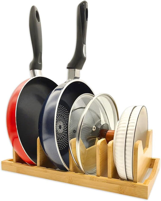 Pozmrtsr Bamboo Pot Lid Organizer for Cabinet & Kitchen Counter, Pan Lid Organizer Inside Cabinet, Pot Lid Holder, Sheet Pan Rack, Adjustable Pot Cover Holder Rack for Countertop, Under Cabinet