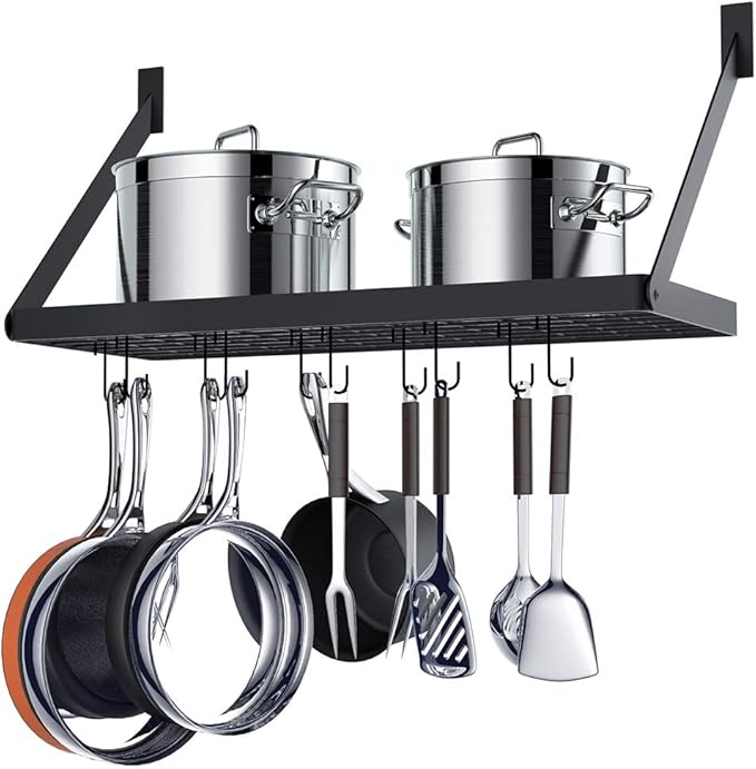 Miyili Pot Rack Square Grid Wall Mounted Kitchen Pot And Pan Organizer Shelf With 10 Hooks, 24 by 10-inch (Black), KR301B1