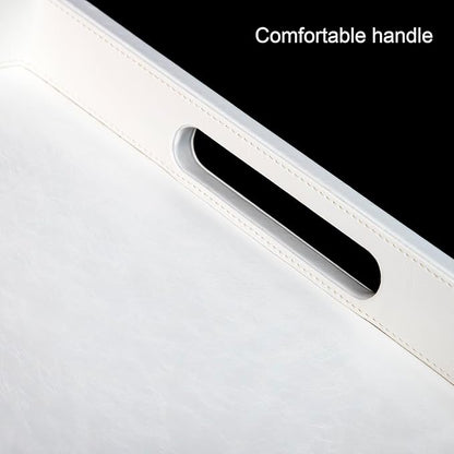 20 * 20 inches Leather Square Serving Tray with Hole Handles,High-End Light Large Service Tray for Ottoman Tray, Tea, Food, Butler - Countertop, Kitchen,Family Dinner, Picnic (White)