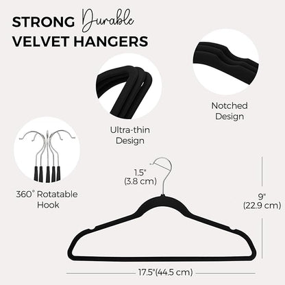 HOUSE DAY Premium Velvet Hangers 50 Pack Black, Non-Slip Flocked Felt Hangers, Sturdy Clothes Hangers with 360° Rotatable Hook, Heavy Duty Coat Hanger, Durable Slim Hanger for Closet Space Saving