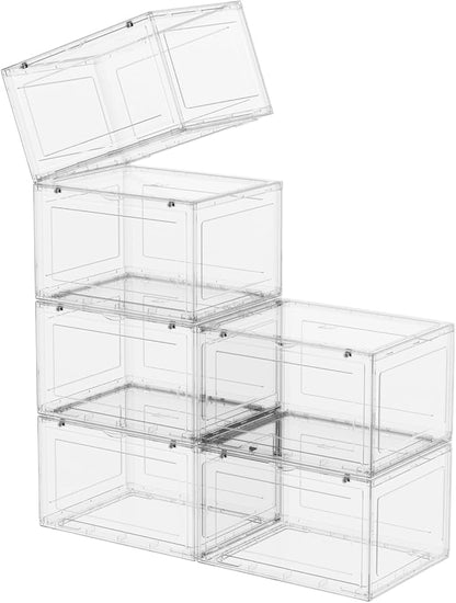 Waikhomes 6 Pack Shoe Boxes, Clear Stackable Plastic Sneaker Box Container, Side Open Shoe Organizer Case Container with Magnetic Clear Door