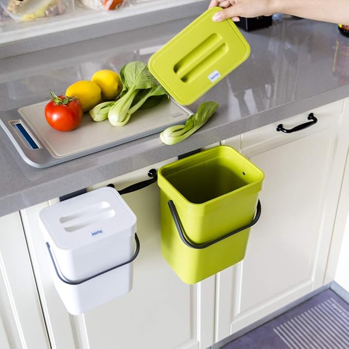 Food Waste Basket Bin for Kitchen, Odor-Free Food Scrap Container,Small Countertop Compost Bin with Lid, Mini Garbage Can Wall Mounted Trash Can, 3L/0.8 Gal Series, Green
