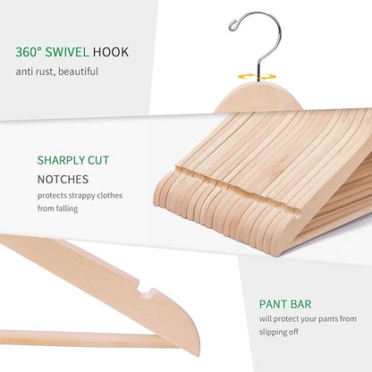 Nature Smile 20 Pack Unfinished Natural Solid Wooden Clothes Hangers Wood Suit Coat Jacket Hanger with Extra Smoothly Cut Notches and Bar - 360°Stronger Rotatable Hook