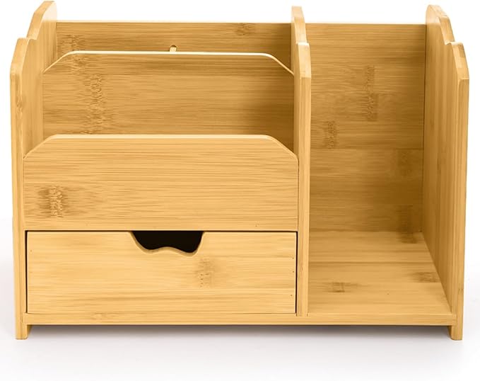 Bamboo Desk Organizer, Multi Use Tabletop Storage Office Supplies with Drawer Pen Holder, 5 Compartments Heavy Duty Desk Accessories for Home Office Organization, No Assembly Required