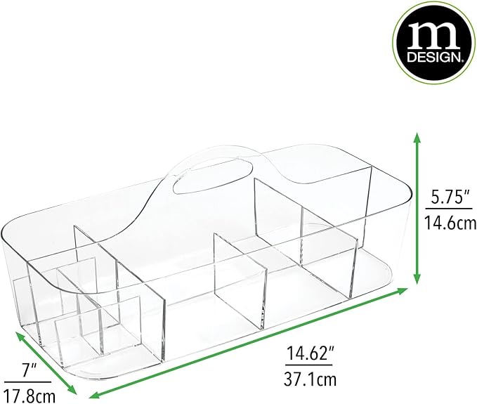 mDesign Plastic Divided Art and Craft Storage Organizer Caddy Tote Bin with Handle for Home Office and Living Room - Holds Pencils, Crayons, Sewing Supplies - Lumiere Collection, 2 Pack, Clear
