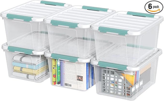 Guankan 20 Quart Clear Storage Box, Set of 6 Plastic Latching Bins with Lids