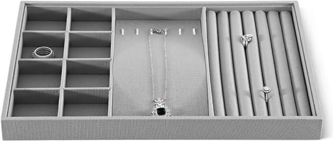 Dansmiy Linen Stackable Multifunctional jewelry Display Tray, Ring Earring Bracelet Necklace Storage Tray, Jewellery Shop Counter Showcase Table Top Organizers, Makeup Table Drawer Insert Jewelry Tray