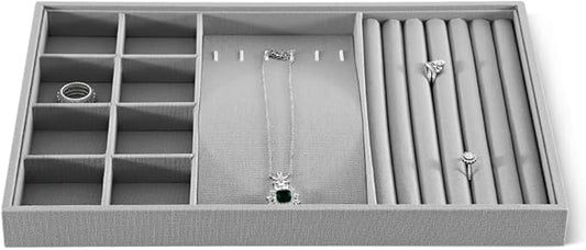Dansmiy Linen Stackable Multifunctional jewelry Display Tray, Ring Earring Bracelet Necklace Storage Tray, Jewellery Shop Counter Showcase Table Top Organizers, Makeup Table Drawer Insert Jewelry Tray