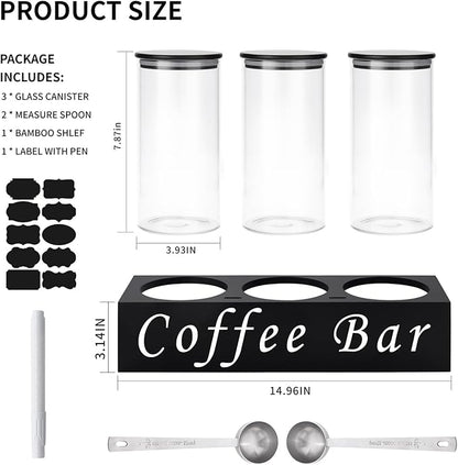 ZOMUIA Glass Coffee Containers Airtight Coffee Bean Storage Jars with Shelf, 3Pcs 44oz Coffee Station Organizer Coffee Canisters, Kitchen Food Storage Jars for Sugar, Candy, Oats, Nuts (BLACK)