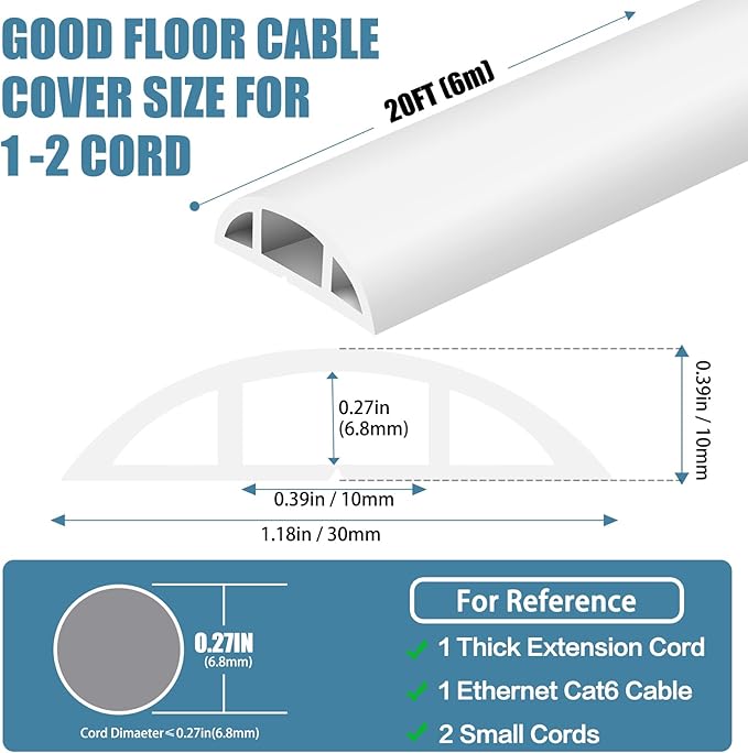 Floor Cord Covers for Wires 20FT Cable Hider Wire Coverr Self Adhesive Cord Hider Floor for Offices, Homes, Workshops, Warehouses Cable Cavity 0.47" W x 0.27" H