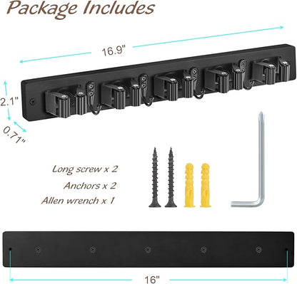 Mop and Broom Holder Wall Mount - Black Broom Mop Hanger - Wall Mounted Garden Tool Rack Organizer for Closet Garage Laundry Room Kitchen Decor With 5 Slots & 4 Hooks