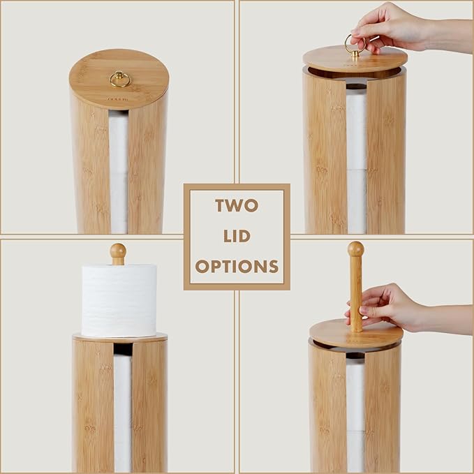 Gobam Bamboo Toilet Paper Storage with Dual-Use Lid, Freestanding Bathroom Tissue Organizer with Viewing Slot, Built-In Handle, Anti-Slip Base, Compact Toilet Paper Holder Stand for up to 3 Mega Rolls