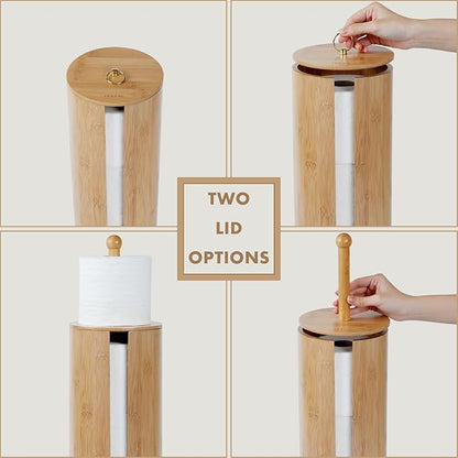 Gobam Bamboo Toilet Paper Storage with Dual-Use Lid, Freestanding Bathroom Tissue Organizer with Viewing Slot, Built-In Handle, Anti-Slip Base, Compact Toilet Paper Holder Stand for up to 3 Mega Rolls