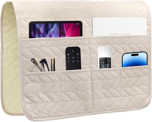 HADEEONG Sofa Armrest Organizer Arm Chair Caddy for Recliner, Remote Control Holder for Recliner, Non-Slip Armchair Caddy with 6 Pockets Storage for Magazine, Tablet, Phone, Beige