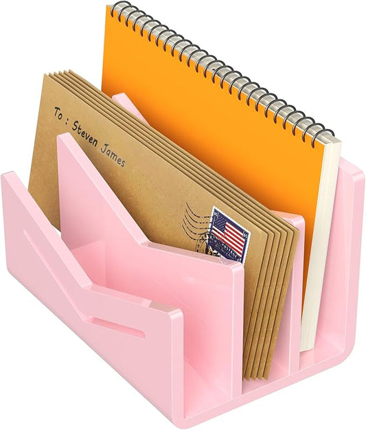 Beego Envelope and Mail Organizer Countertop - 3 Compartments Pink Acrylic Desk Organizer Letter Holder Desktop File Sorter Bill Document Folder Rack for Office, Home, School Desk Organization