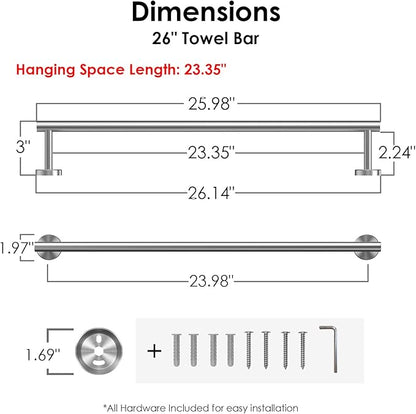 FORIOUS Towel Racks for Bathroom Wall Mounted, Stainless Steel Bathroom Towel Rack 24 Inch, Includes Wall Mounting Hardware (Brushed Nickel, Total Length 26-Inch)