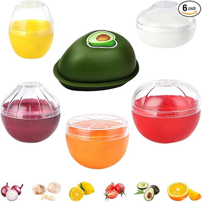 HMIEPRS 6 PCS Fruit and Vegetable Storage Containers, Reusable Storage Keeper, Lemon Orange Avocado Onion Garlic Tomato Shaped Saver Holder for Fridge, Refrigerator Crisper for Fruit and Vegetable