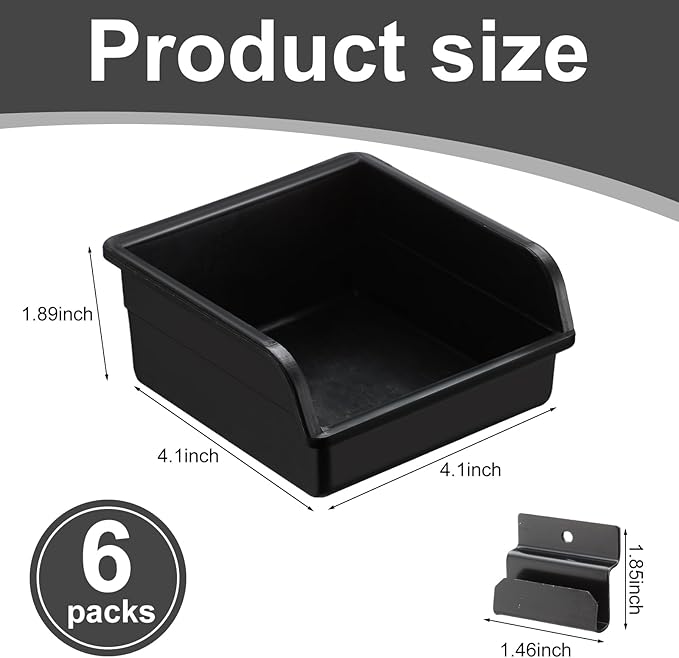 6 Pcs Slatwall Bins with Hooks Set, 4.1 x 4.1 x 1.89 Inch Slatwall Containers Wall Mounted Storage Bins for Organizing Accessories Tools Storage Office Workshop Garage Workbench (Black)