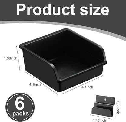 6 Pcs Slatwall Bins with Hooks Set, 4.1 x 4.1 x 1.89 Inch Slatwall Containers Wall Mounted Storage Bins for Organizing Accessories Tools Storage Office Workshop Garage Workbench (Black)