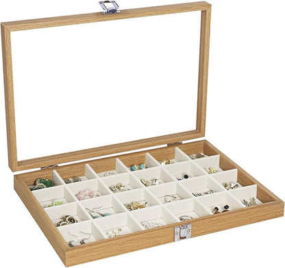 Stratalife Jewelry Organizer Wooden Jewelry Box Jewelry Display Case Jewelry Tray with Glass Lid Earring Holder Organizer Bracelet Ring Organizer 24 Grid Jewelry Tray Vintage Gift for Women