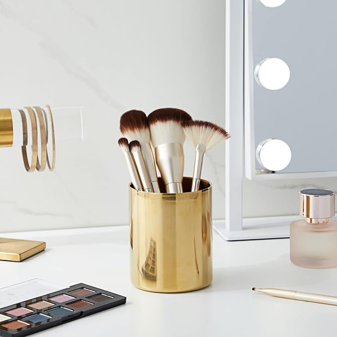 Juvale Desk Organizer Pen & Pencil Holder - 3.2 x 3.9 in, Gold Stainless Steel - Desk Supply Organizer with Gold Pen Cup, Makeup Brush Cup & Vanity Brush Holder