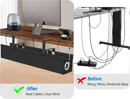 Under Desk Cable Management Tray No Drill, Suolaao 30 Inch Cord Organizer with Oxford Fabric, Clamp Mount, Holds 30 lbs, Large Cable Rack for Gaming & Home Office Standing Desk