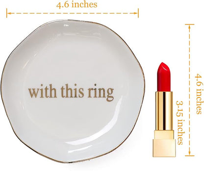 VINCOMIC Engagement Wedding Ring Dish-With This Ring Jewelry Dish Tray-Gifts for Bride, Bride to be, Newlyweds, Ceramic White