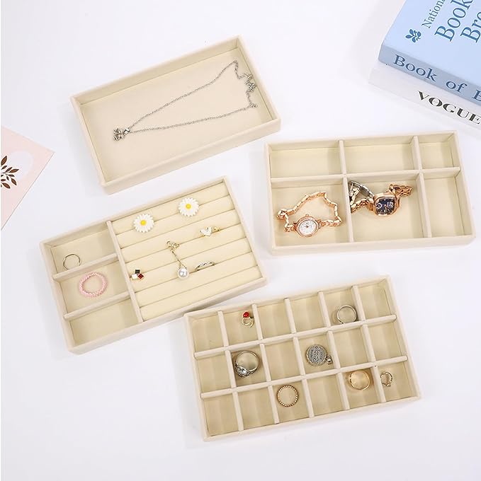 SPAKOWN Jewelry Drawer Organizer Inserts Set of 8, Small Stackable Jewelry Tray with Removable Dividers for Earrings Necklaces Rings Bracelets (Beige)