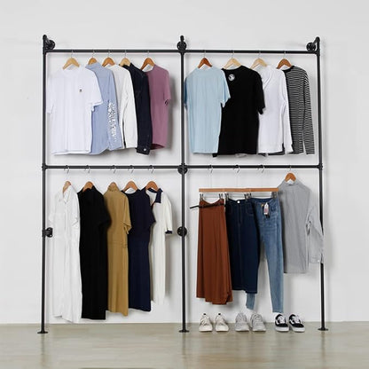 Industrial Pipe Clothing Rack Heavy Duty Double Closet Rod Clothes Rack, Clothing Rods for Hanging Clothes, Wall Mounted Clothes Garment Rack Closet System 90in Black