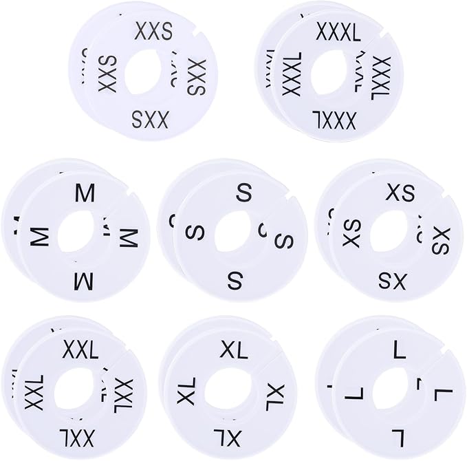 16 Pcs Clothing Size Dividers,Size Rings for Clothing Racks Round White Plastic Clothings Sizes Closet Rack Dividers Hangers Pre-Labeled (XXS-XXXL) Round Sizer for Rods and Organizers