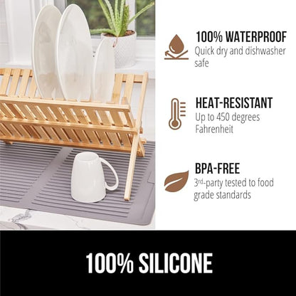 GORILLA GRIP 100% BPA-Free Patented Silicone Dish Drying Mat for Kitchen Counter, Water Catching Ribbed Design, Easy Clean Waterproof Sink Liner, Heat Resistant, Fits Under Rack, 11x13 Inch, Gray