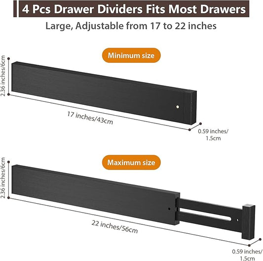 DUCOO 4 PCS Drawer Divider, 17"-22" Adjustable Bamboo Drawer Dividers Organizers, Expandable Separators for Kitchen, Clothes, Dressers, Home, Office, Black