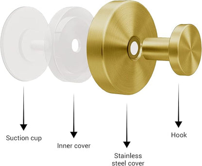 Welsa Suction Cup Hooks for Shower - 2 Pack, Gold - Stainless Steel, Strong Suction, No Drill, Removable Hanger, Tile Bathroom Kitchen Wall, Glass Door, Mirror Hook Hanging Robe, Towel Holder